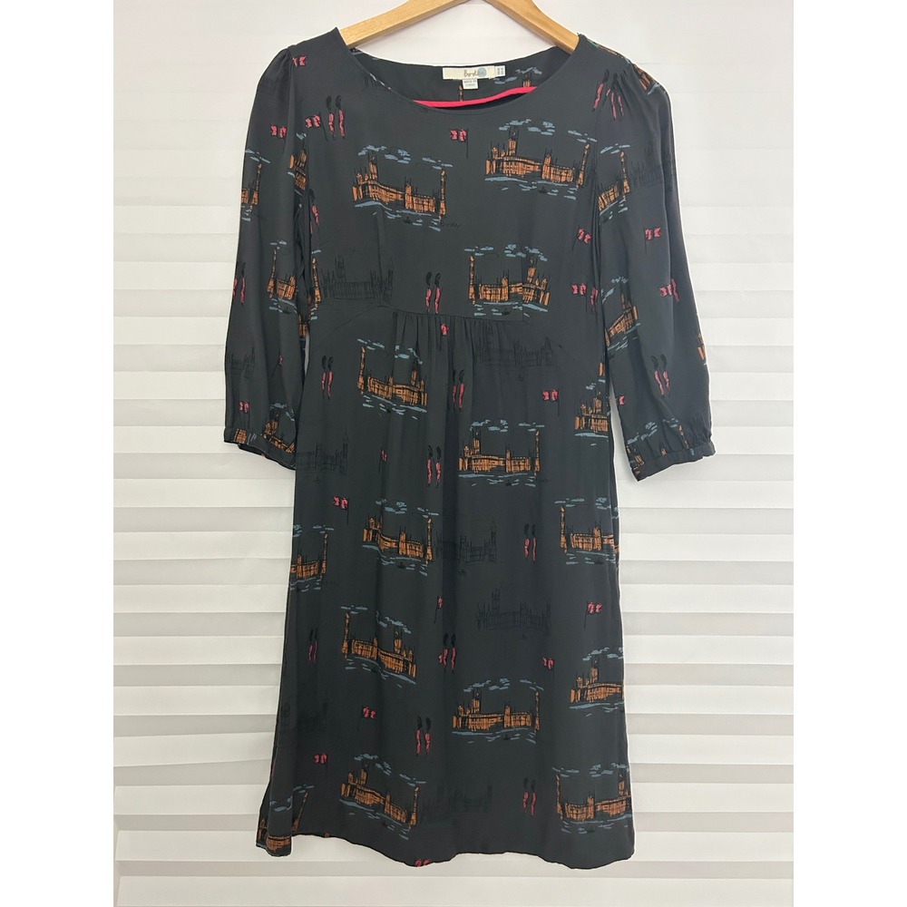 Boden London Print Empire Waist Dress Grey Houses of Parliament WA380 US 4L